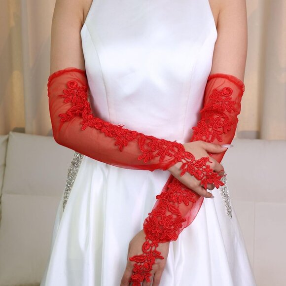 Women's Red Lace Fingerless Gloves Sheer Mesh Bridal Elegant Dance Costume - Picture 3 of 9